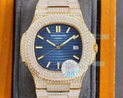 Replica Patek Philippe Nautilus Iced Out Yellow Gold Case Watch Blue Dial 